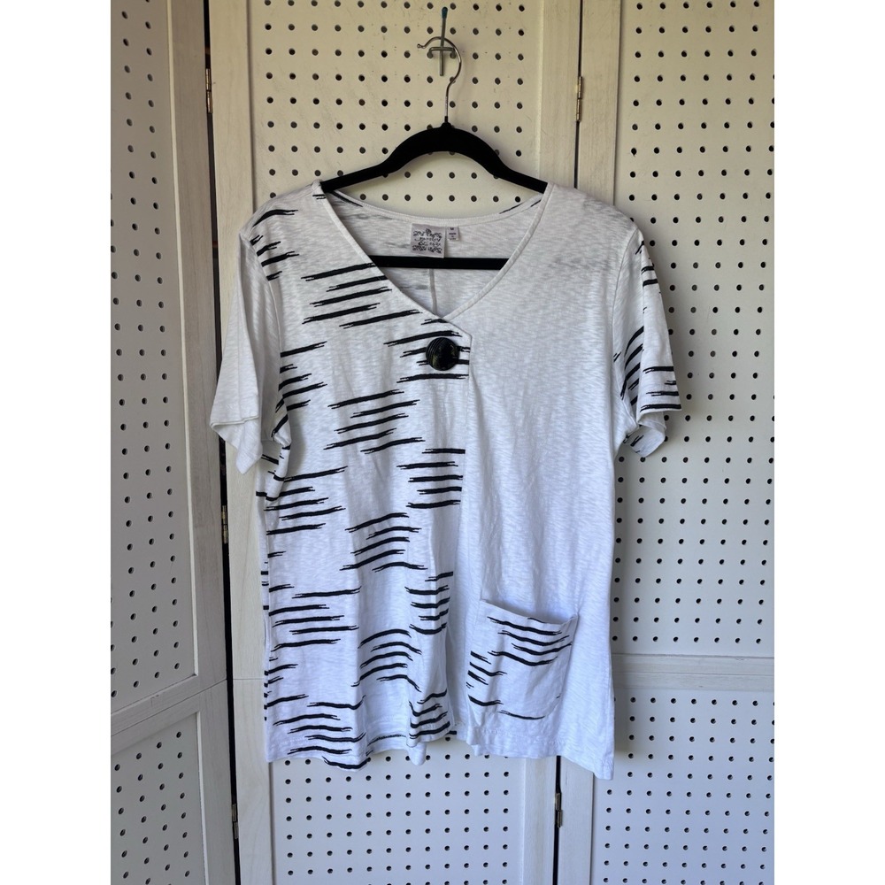 Parsley & Sage Short SLV Abstract White Black V Neck Tee Women's M Cotton